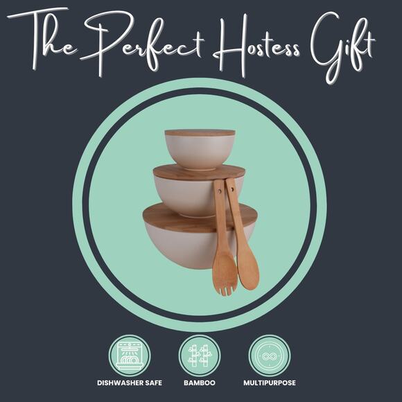 Bamboo Serving Bowl Set with Cutting Board Lids – Cream (3 Bowls + Utensils) - Picture 5 of 6